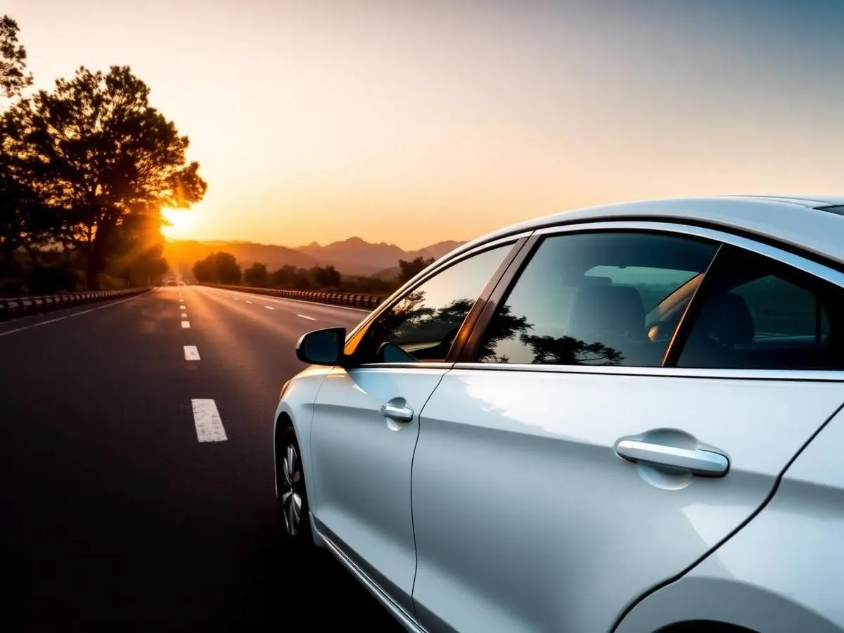 White sedan taxi on a highway at sunrise