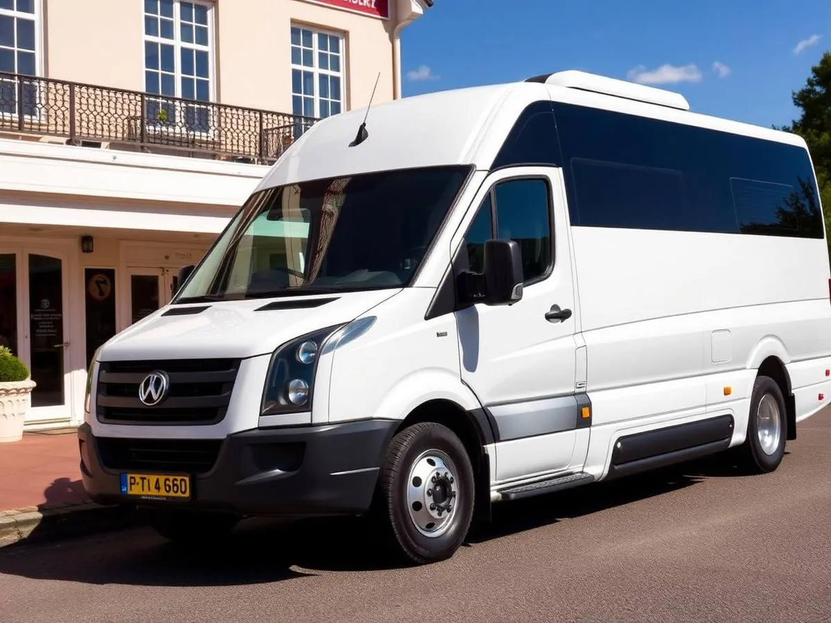 White tempo traveller minibus outside a hotel